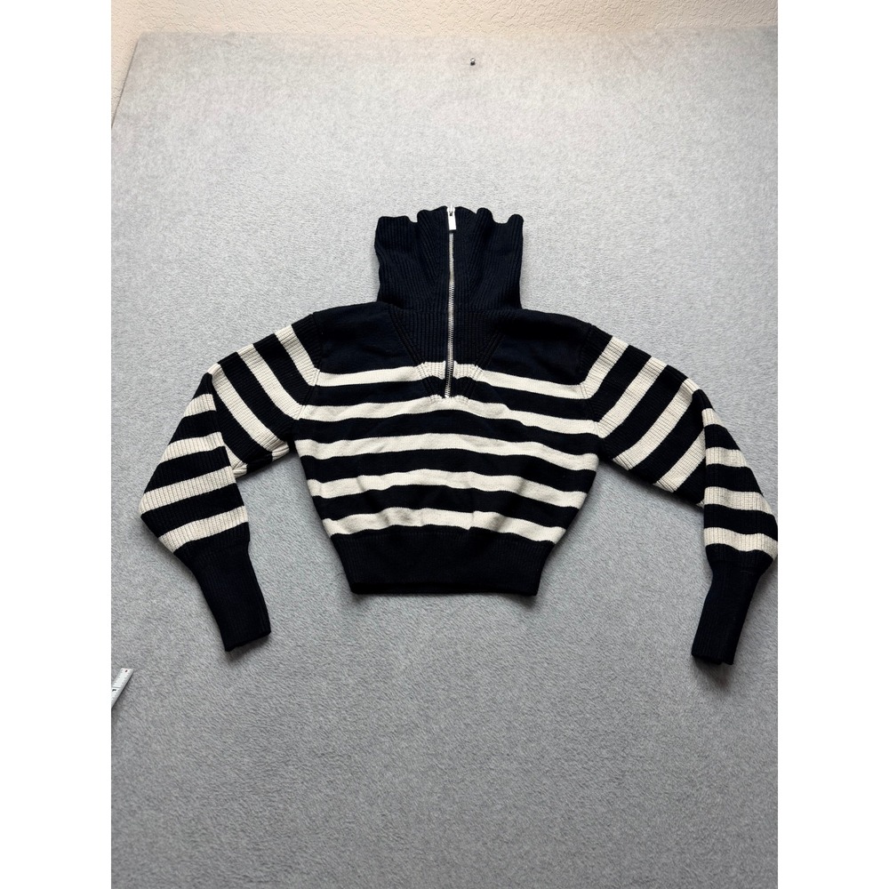 Zara Womens Navy Blue Cream Striped Quarter Zip Cropped Sweater Small